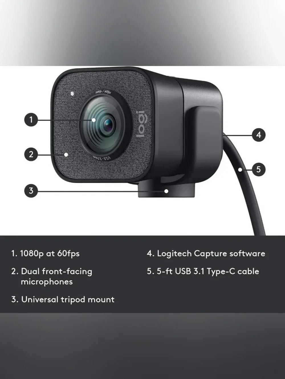 Logitech 2022 StreamCam 1080P HD 60fps Streaming Webcam with Small Tripod